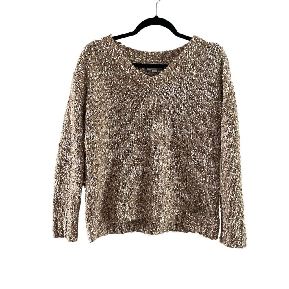 Ann Taylor Loft Outlet Women SZ XS Tan/White Speckled V-Neck Pullover Sweater